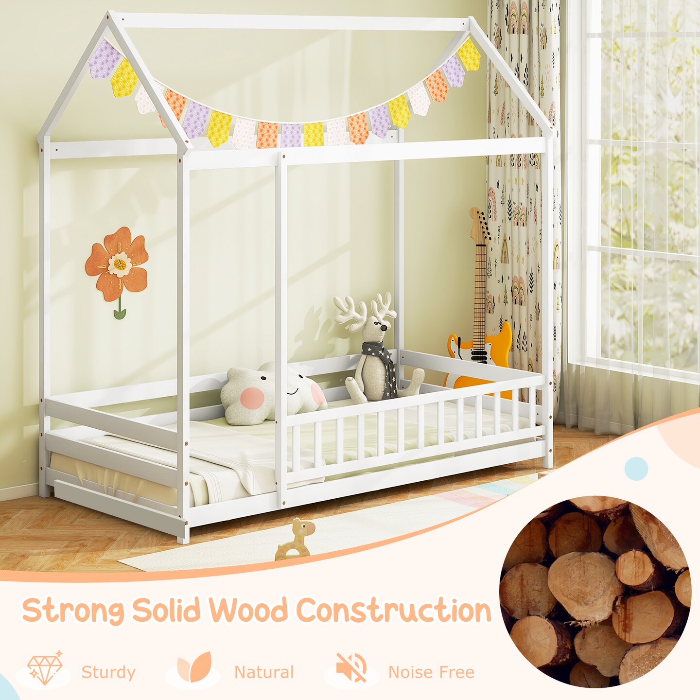Kids Twin Size Montessori Pine Wood Playhouse Bed with Guardrail for Bedroom