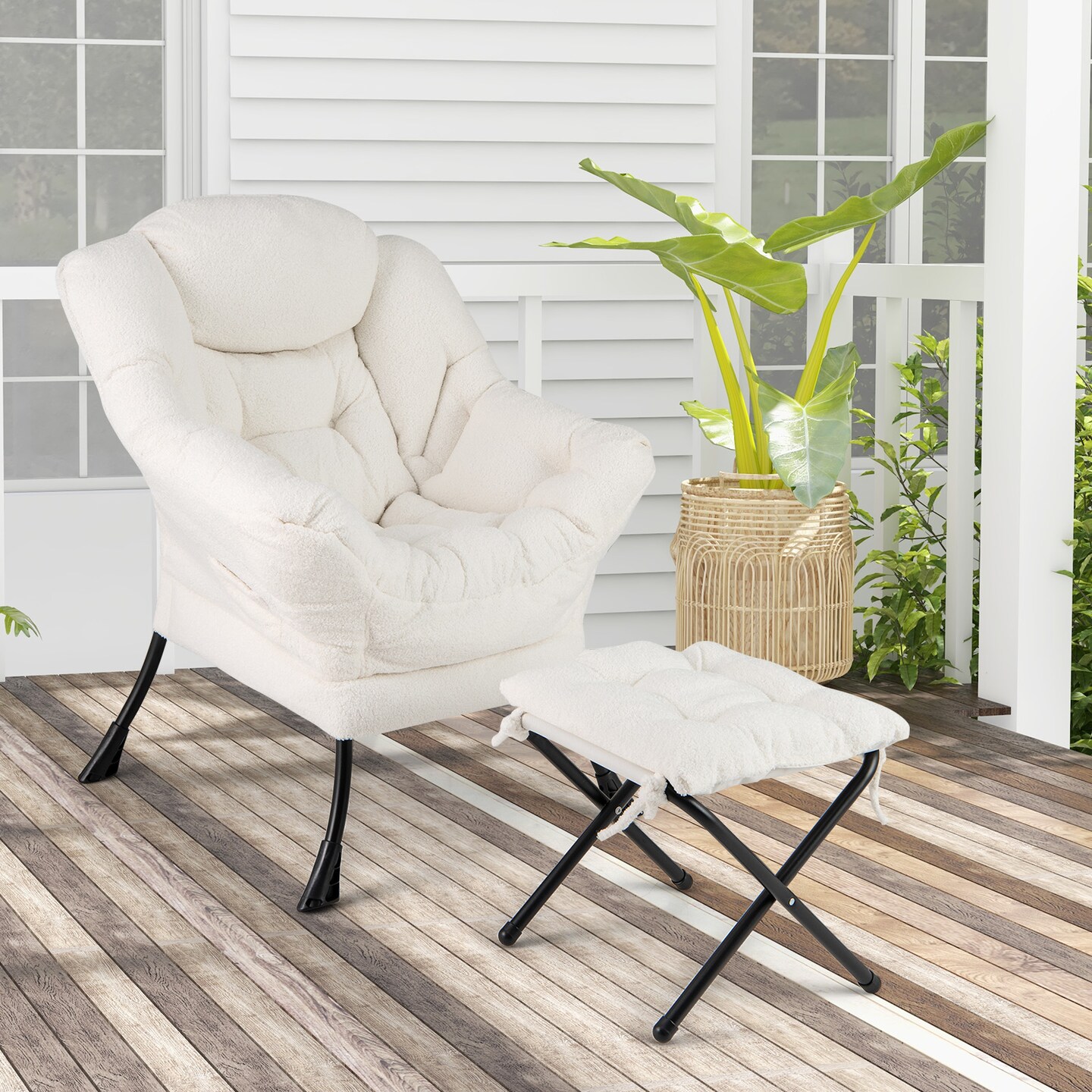 Fabric Modern Accent Chair with Folding Footrest and Removable Head Pillow for Living Room
