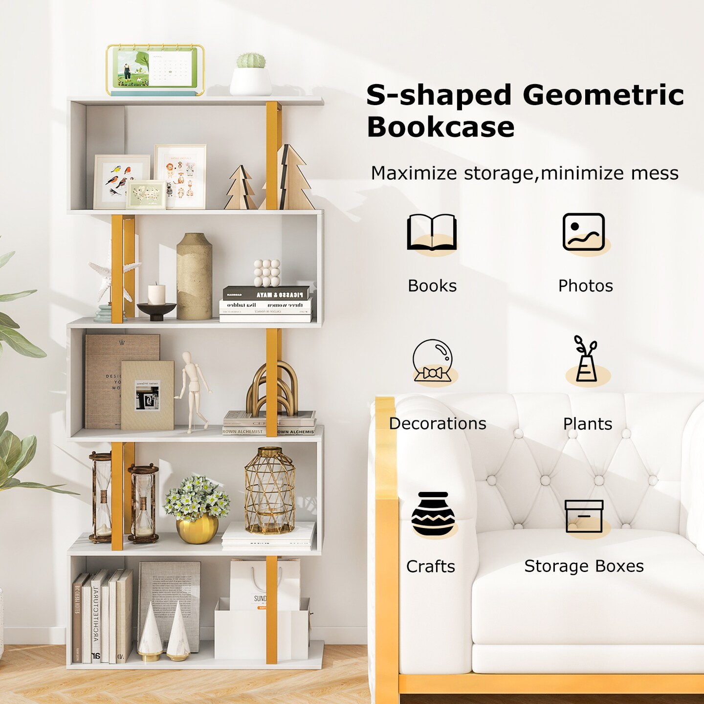 White-Gold Geometric Bookcase with Metal Frame and Anti-tipping Kits