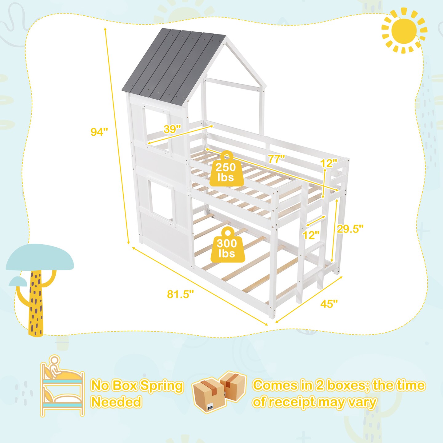 Wooden  Twin Over Twin Bunk Bed with Full-length Safety Guardrail and Ladder-White and Gray