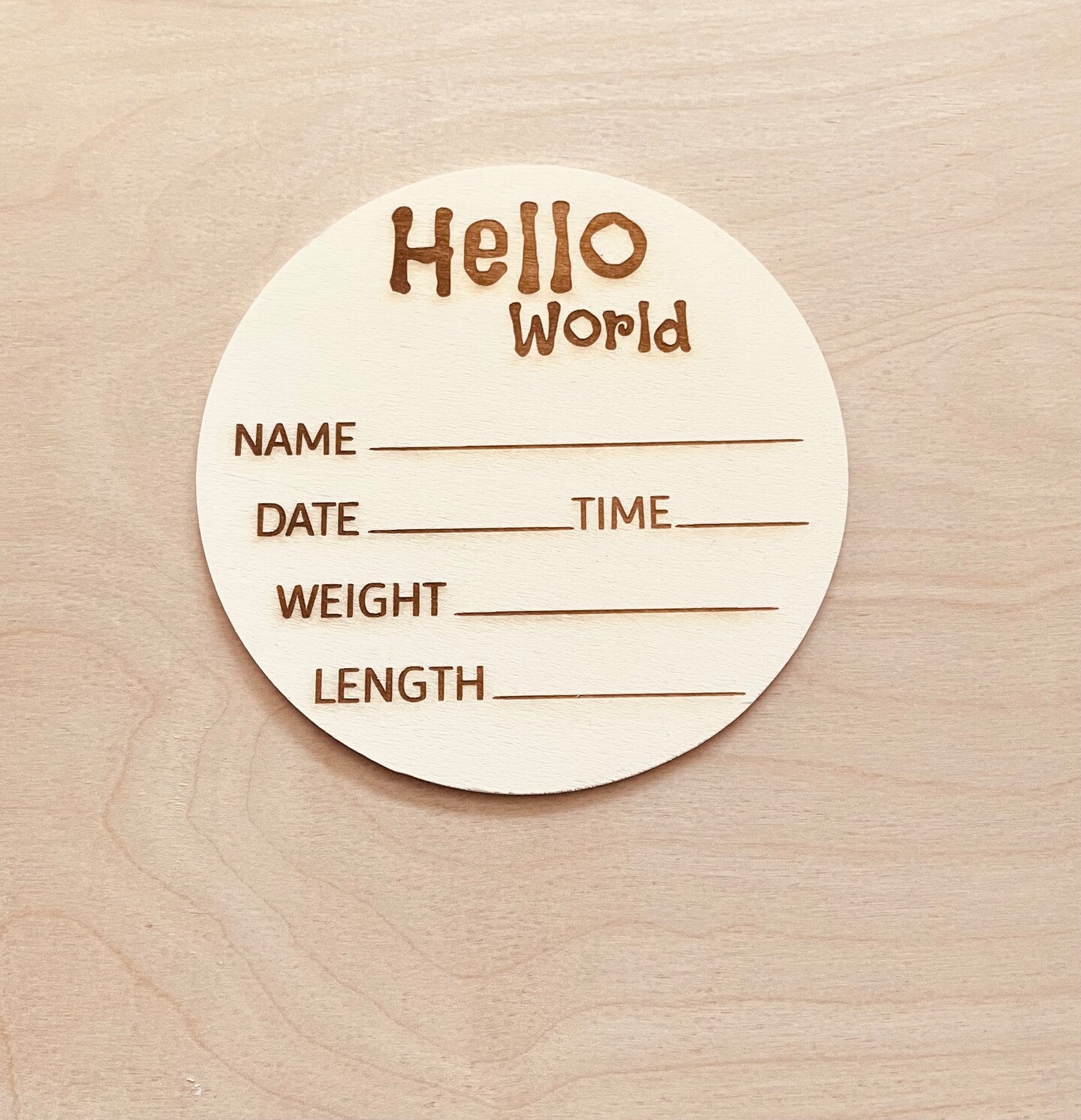 thumbnail image 2 of Hello World Wooden Birth Announcement Sign With Ink Pad - Round Name & Footprint Keepsake 2 of 12