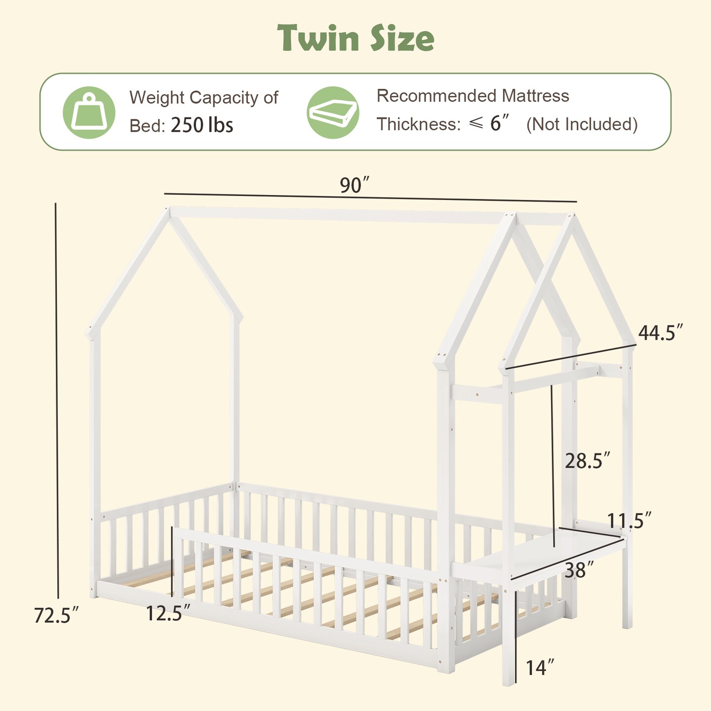 Twin House Floor Bed Montessori Bed Frame with Storage Shelf-White