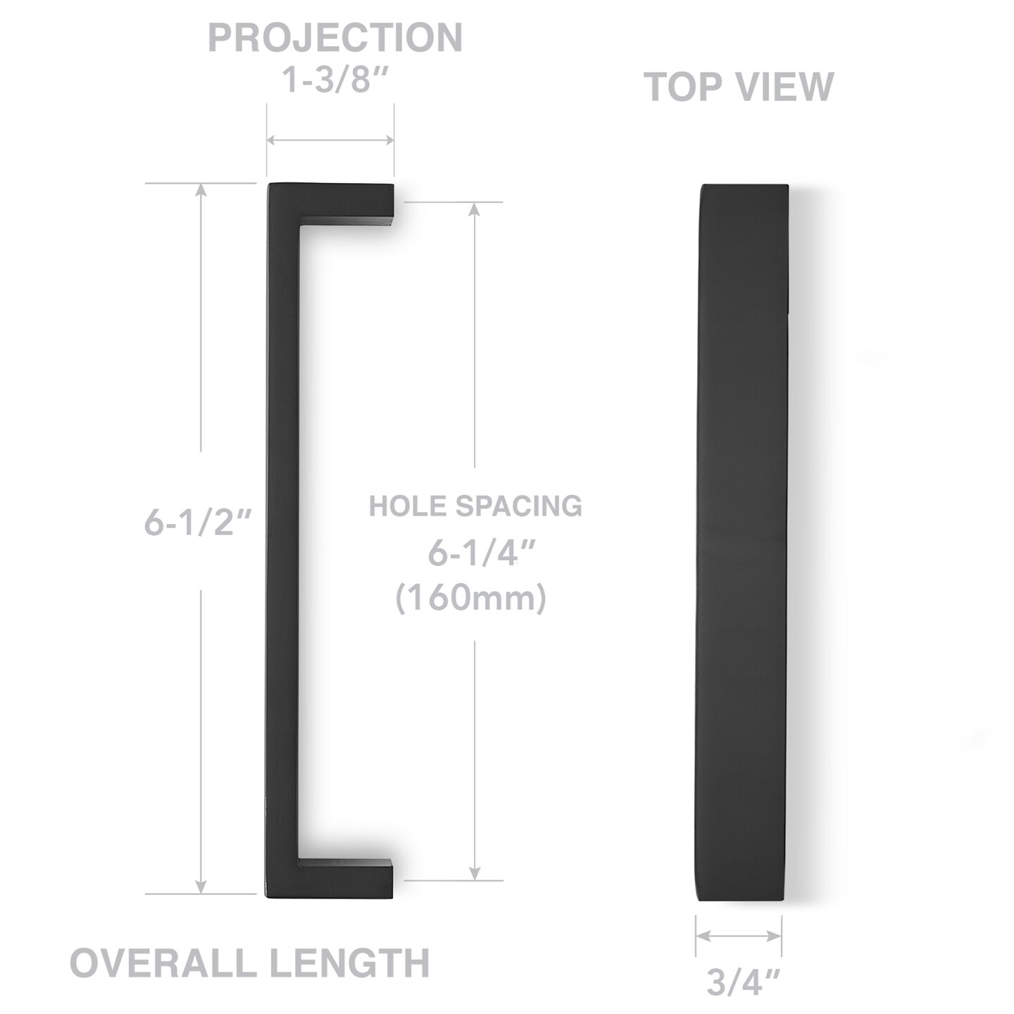 Cauldham Solid Stainless Steel Cabinet Hardware Square Pull Matte Black (6-1/4&#x22; Hole Centers) - 10 Pack