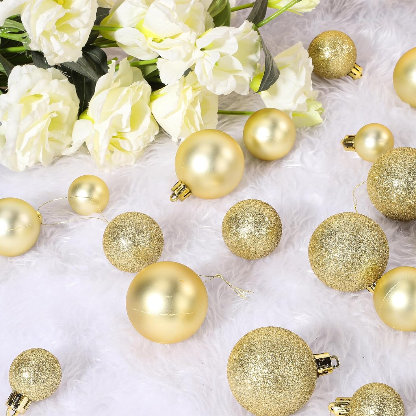 44Pcs Christmas Ball Gold Christmas Ornaments Set for Garden, Backyard, Holiday, Wedding, Party Decorations Shatterproof Christmas Decorations Ornaments Bulk Balls (10pcs 2&#x201D;, 14pcs 1.57&#x201D;, 20pcs 1.18&#x201D;)