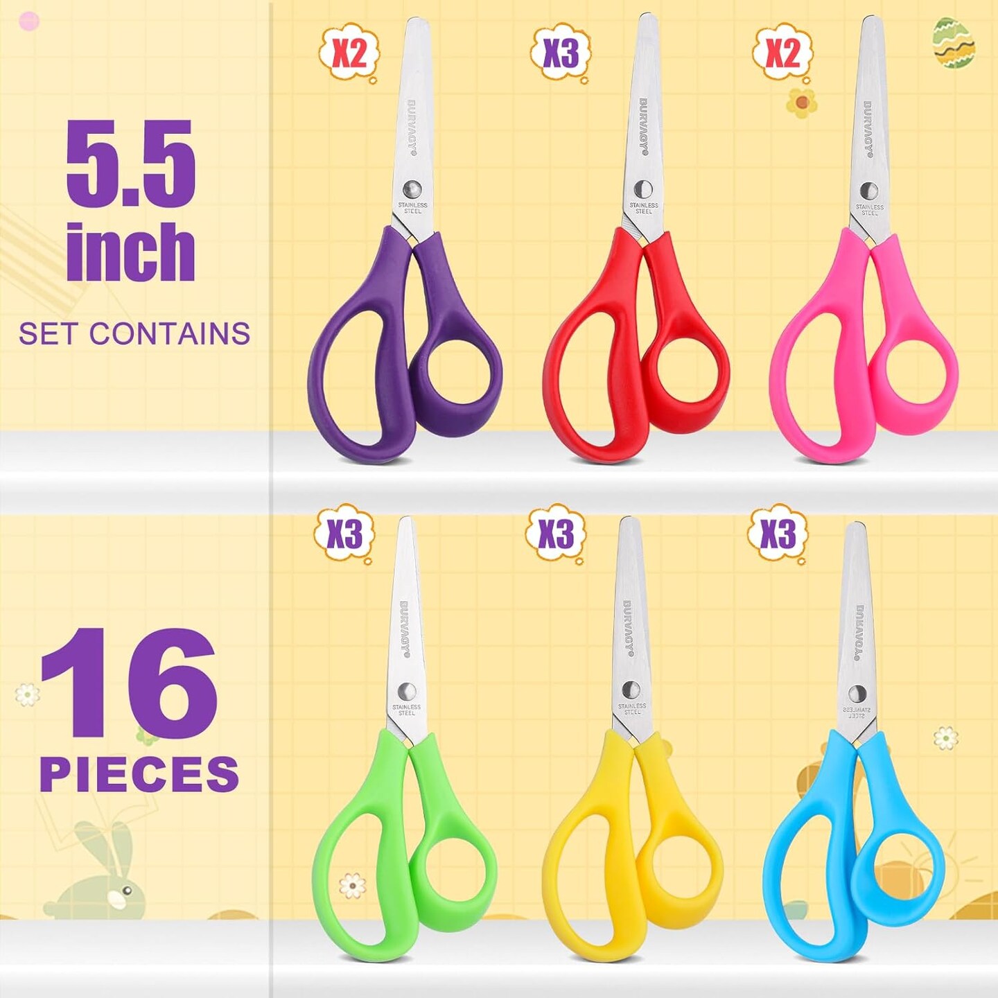 16-Pack 5.5" Safety Scissors – Blunt Tip Stainless Steel with Comfort Grip for Kids & School Crafts