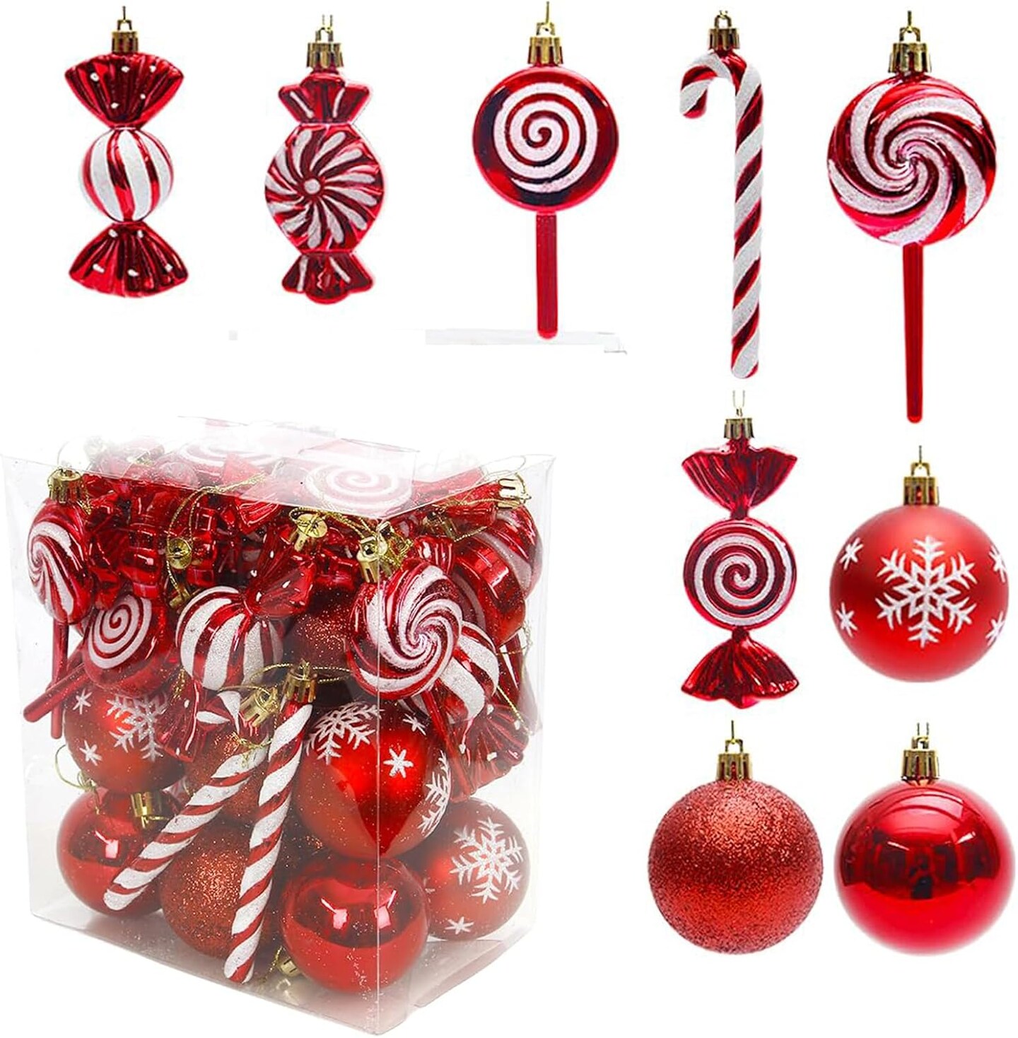 36pcs red shatterproof candy cane and ball ornaments for Christmas tree decor.