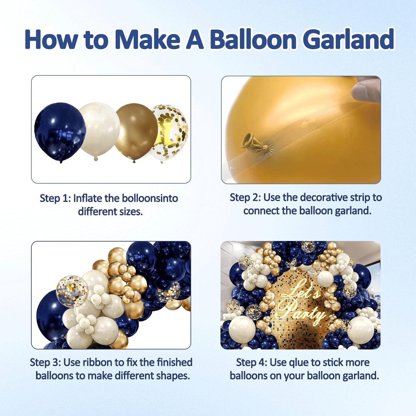 Navy Blue Gold Balloon Garland Arch Kit, Double Stuffed Pearl White Royal Blue Chrome Gold with Confetti Balloons for New Year Graduation Birthday Wedding Baby Shower Party Decorations