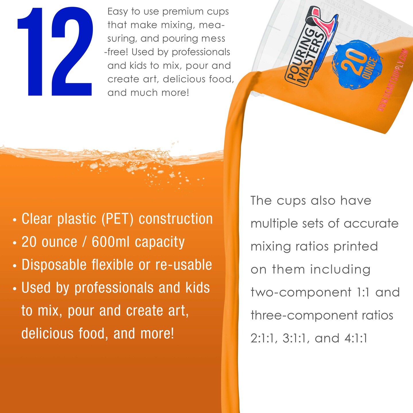 Pouring Masters 20 Ounce (600ml) Graduated Plastic Mixing Cups (Box of 12) - Use for Paint, Resin, Epoxy, Art, Kitchen - Measurements OZ., ML., Ratios