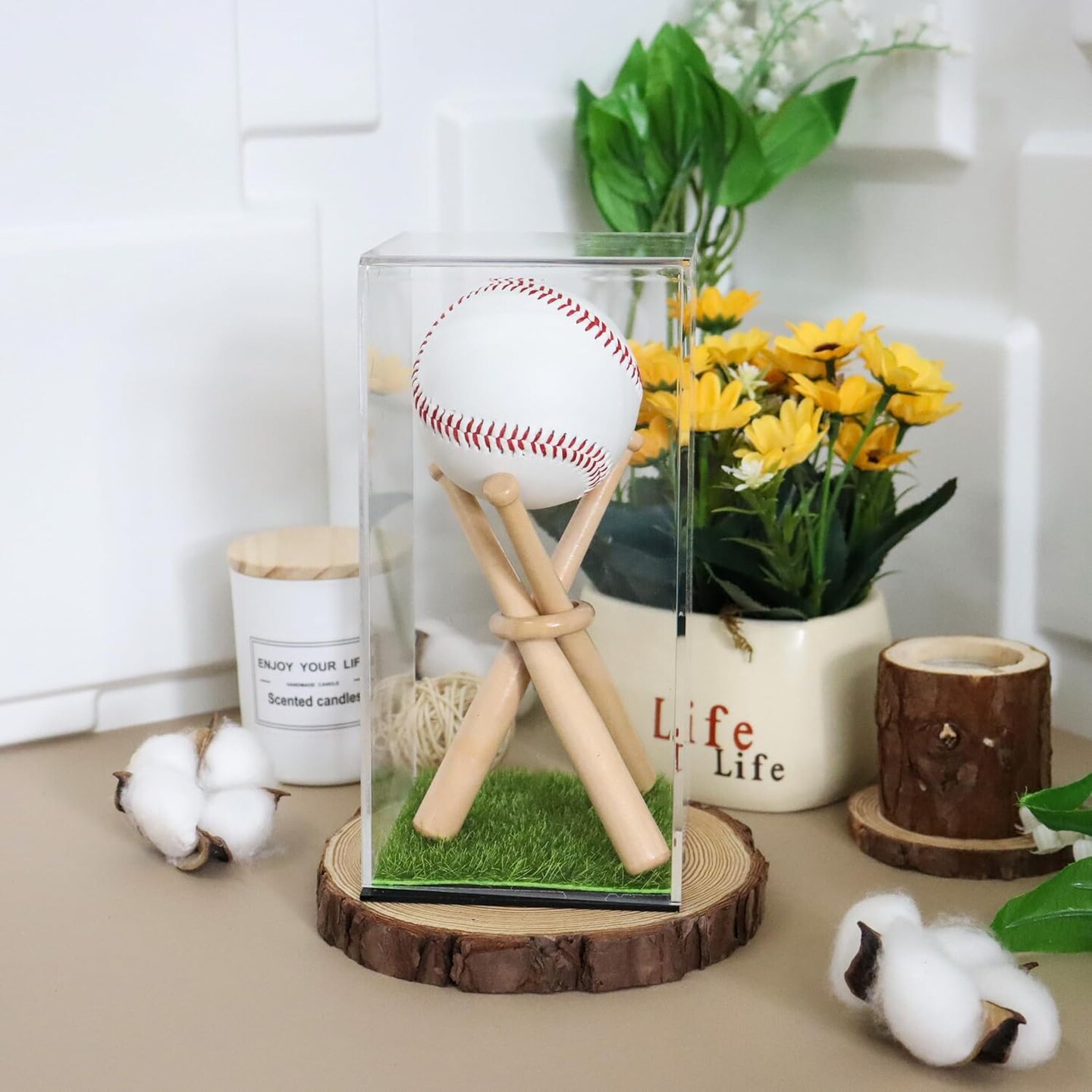 Baseball Display Case with Wood Stand Acrylic Box with Grass Pad Memorabilia Showcase Holder for Autograph Ball Protector Show