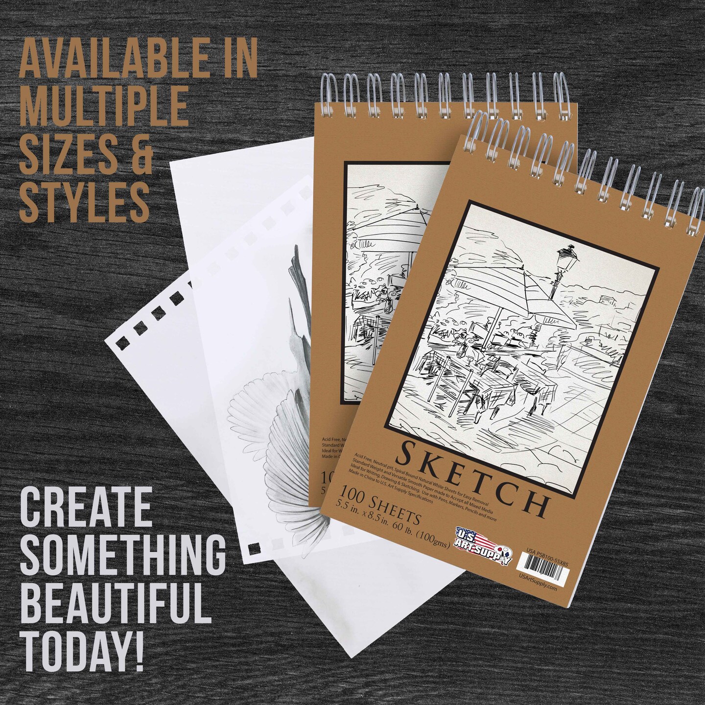 5.5&#x22;x8.5&#x22; Top Spiral Bound Sketch Book, 2 Pack, 100 Sheets Each, 60lb (100gsm), Acid-Free, Artist Sketchbook, Drawing Pad for Adults &#x26; Students