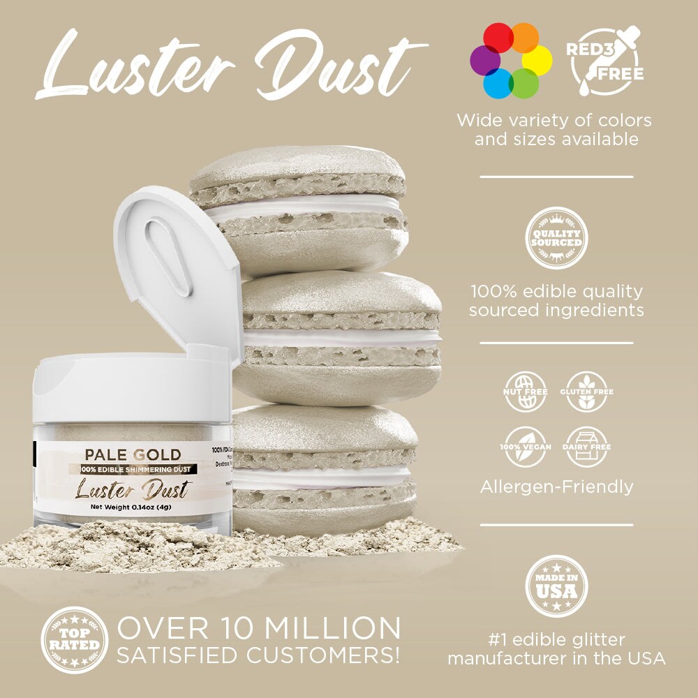 Bakell - Pale Gold Luster Dust (4g, 1x Jar) Edible Vegan Dust &#x26; Paint for Baking, Desserts and Beverages