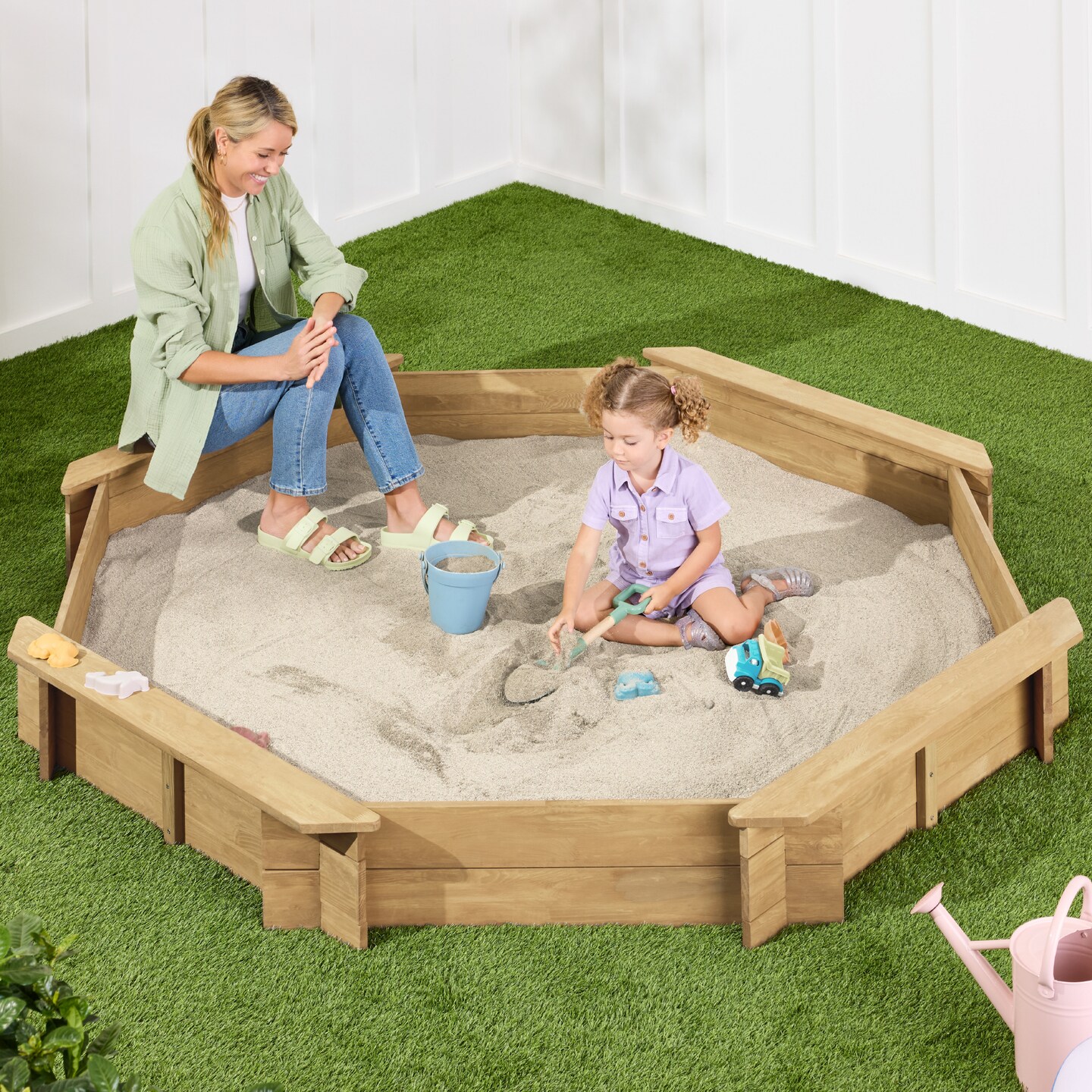 Best Choice Products Kid&#x27;s Octagonal Wooden Outdoor Sandbox w/ Benches, 8 Seats, Cover, XL Sandpit, Liner