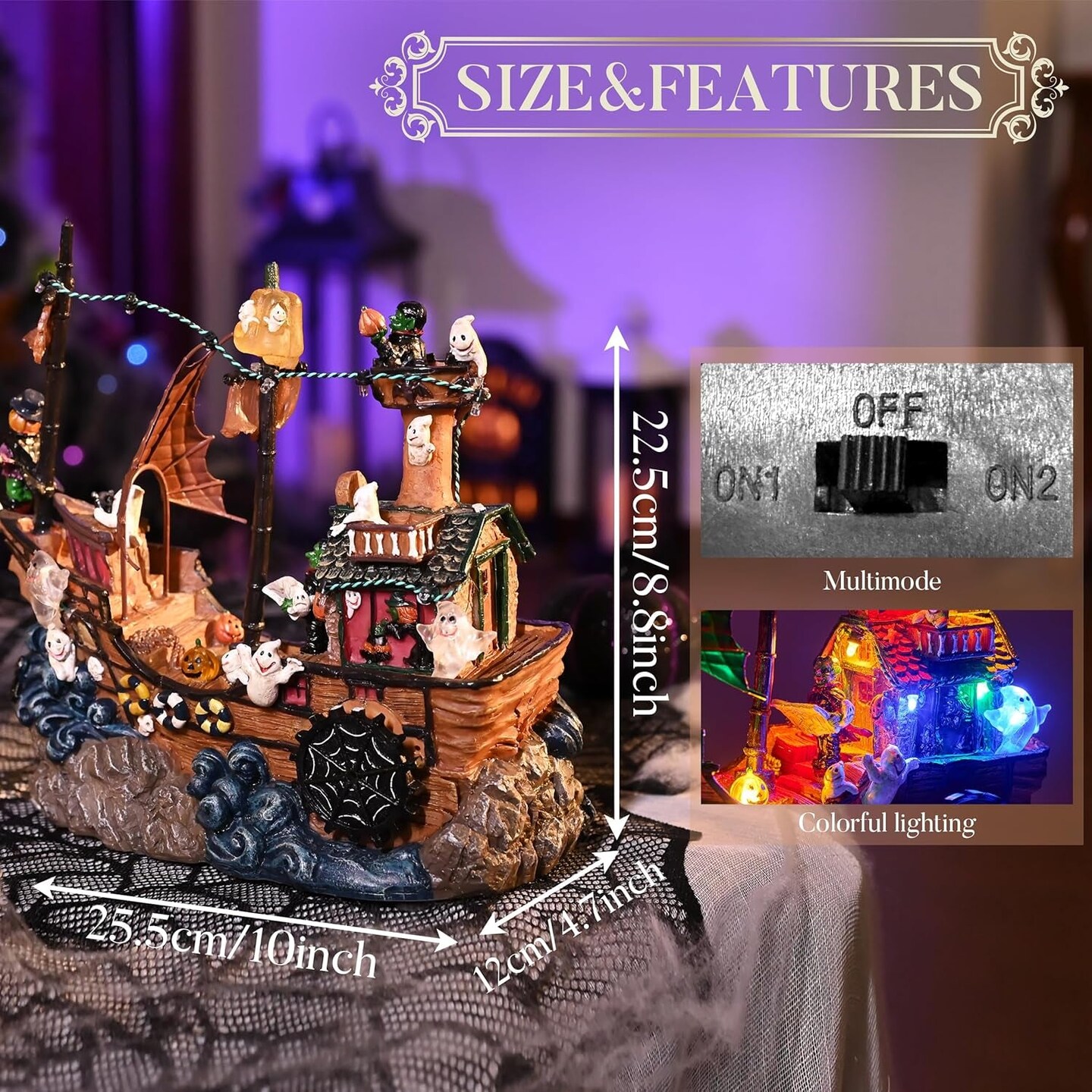 Scary Halloween Village Decorations Indoor for Home Decor, 10Inch Lighted Cute Halloween Resin House Statue with Music and Light for Table Yard Garden Outdoor Party Decor