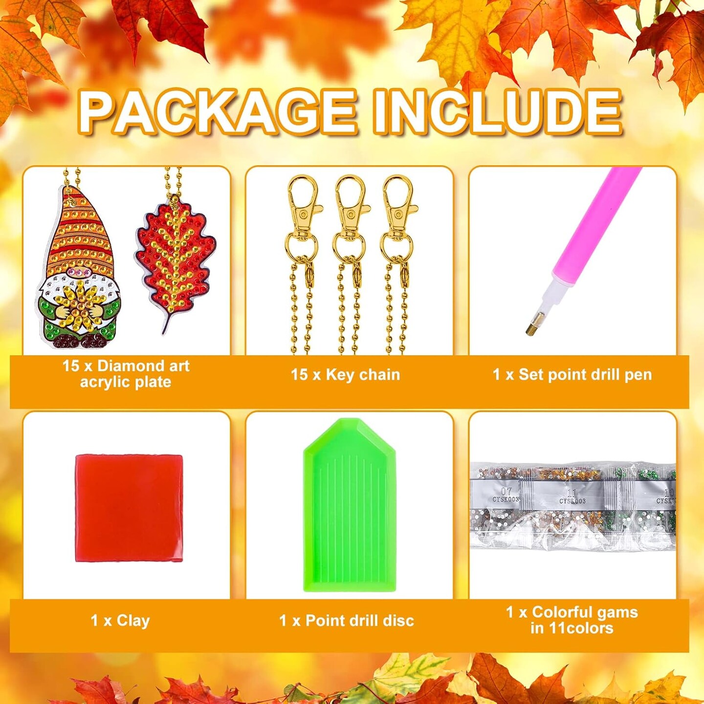 15Pcs Fall Diamond Drawing Keychain Kit