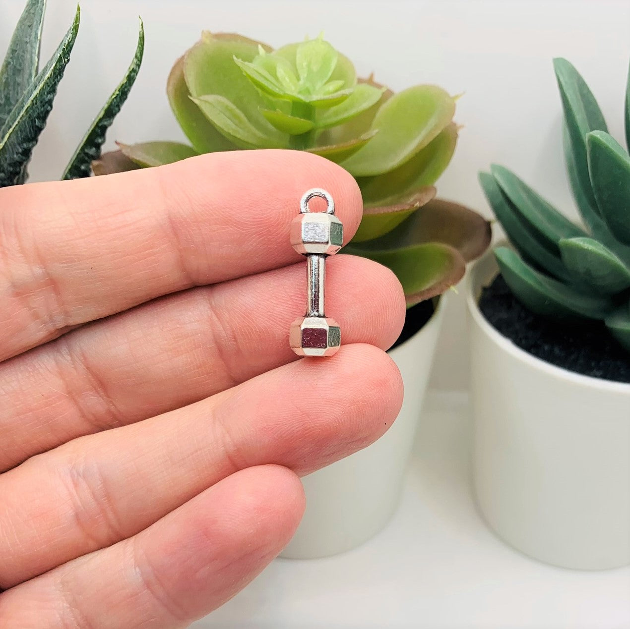 Silver Dumbbell Gym Charms, 21x6mm