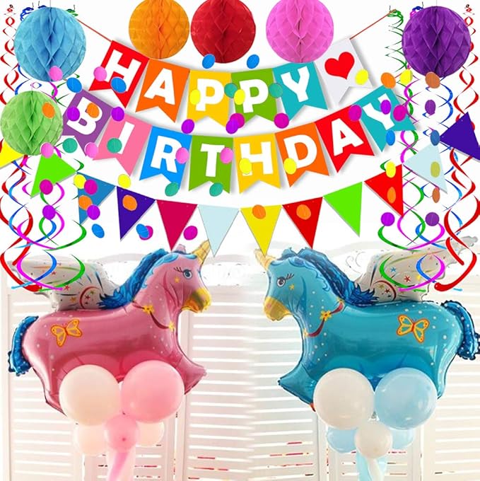 Colorful Happy Birthday Banner Paper Triangle Flag Bunting Circle Confetti Dots Hanging Garland And Honeycomb Ball Swirl Streamers for Birthday Baby Shower Party Decoration
