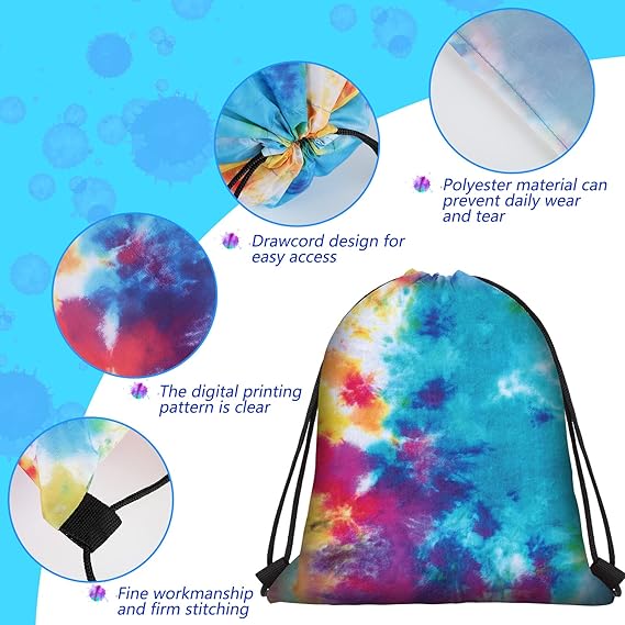 24 Pcs Tie Dye Party Favor Bags - 11.8 Inch Drawstring Backpack Goodie Gift Bags for Birthday Party Supplies