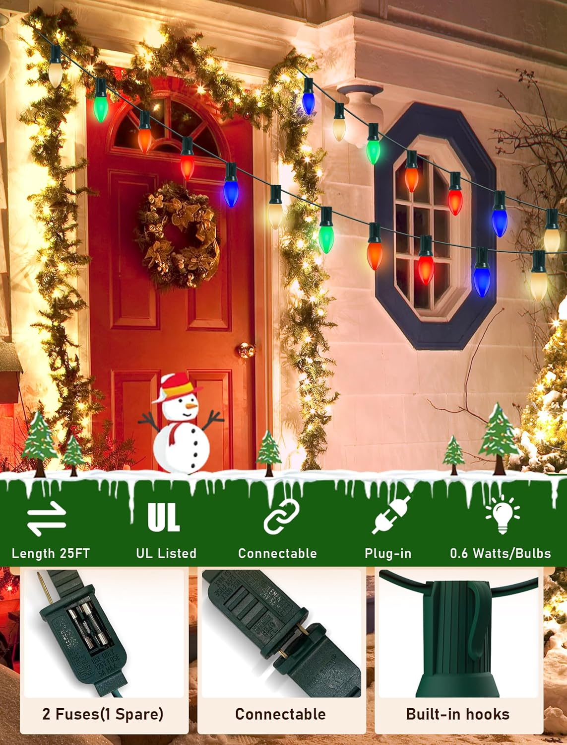 C9 LED Christmas Lights Outdoor 25Ft Outdoor Christmas Decorations String Light Waterproof with 26 C9 LED Multicolor Bulbs, Hanging Vintage Christmas Lights