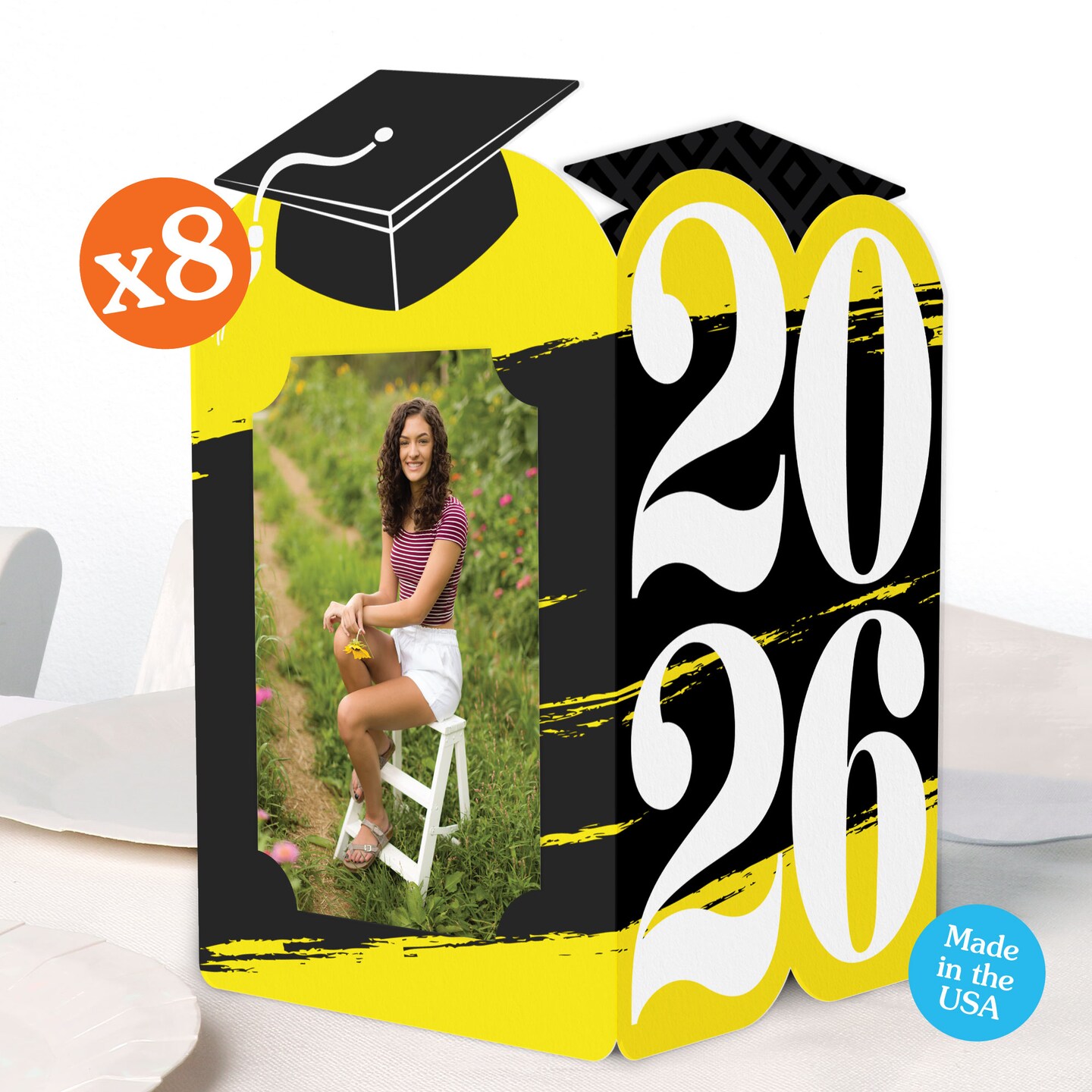 Big Dot of Happiness Yellow 2026 Graduation Photo Holder Centerpieces, 4x6 Picture Display Box, Table Decoration Centerpiece for Grad Decor, 8 Count
