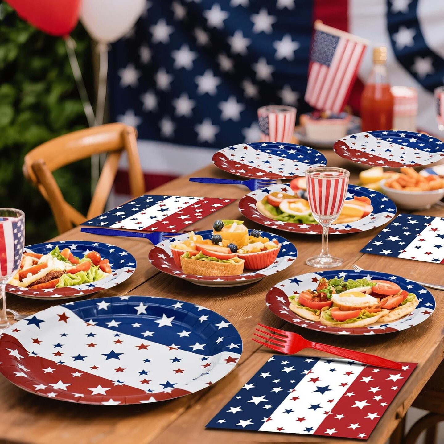 96 Pcs Patriotic Plates and Napkins Set - Serves 24, Red White & Blue Star Stripes Disposable Tableware with Forks for 4th of July, Memorial Day & 250th American Anniversary Party Supplies