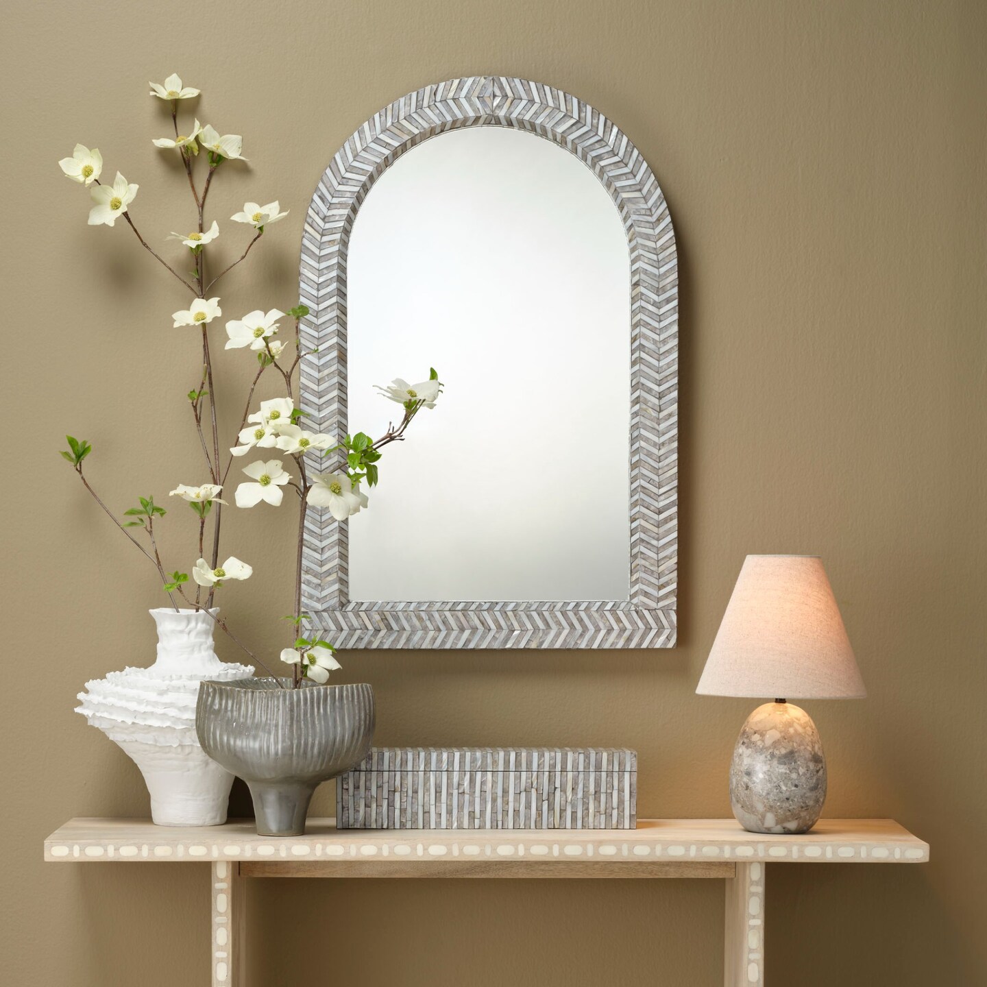 Jamie Young Company Pearl Arch Framed Wall Mirror - 36&#x22; - Gray and White