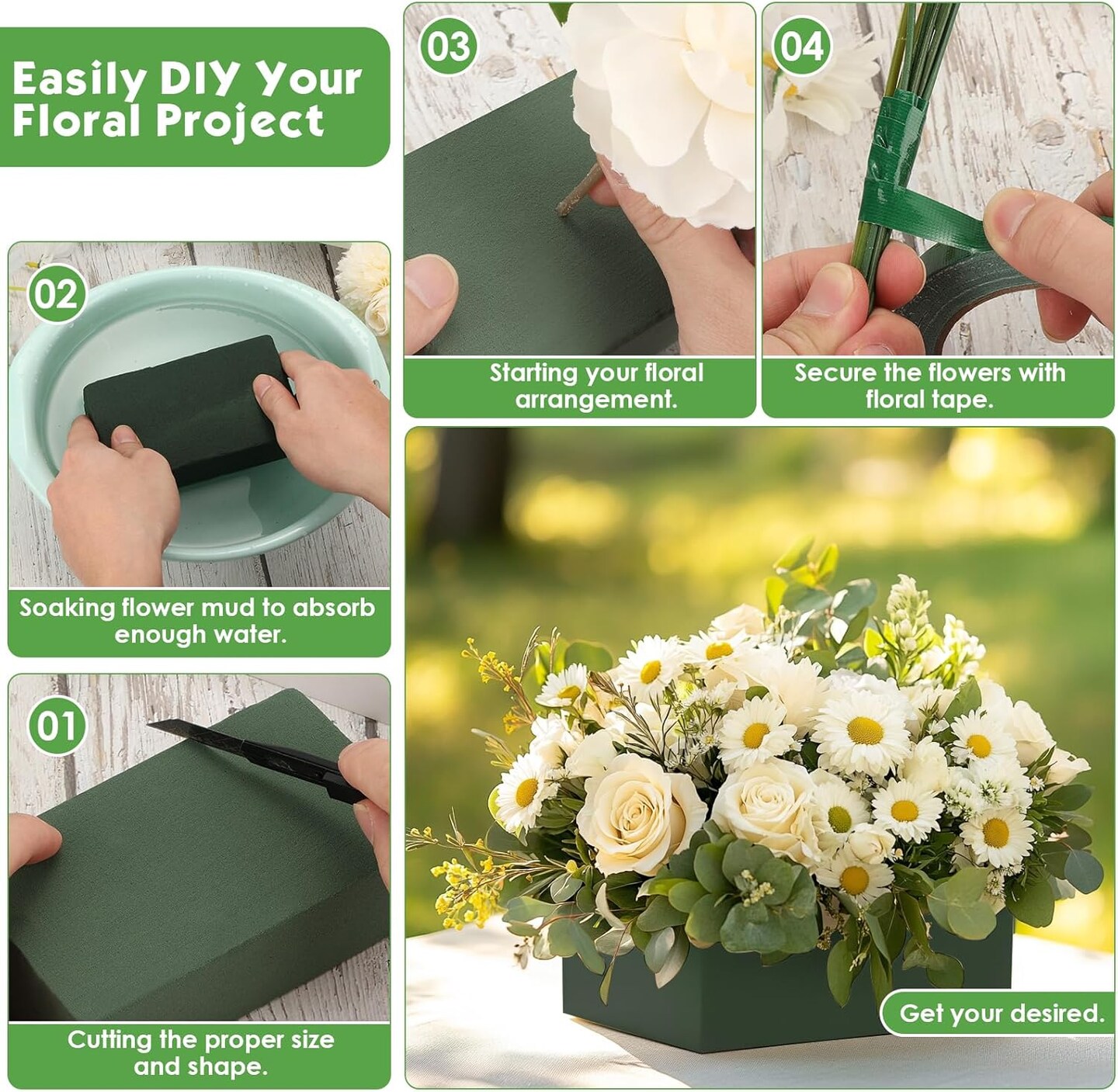 10 Pcs Green Floral Foam Blocks with 2 Rolls
