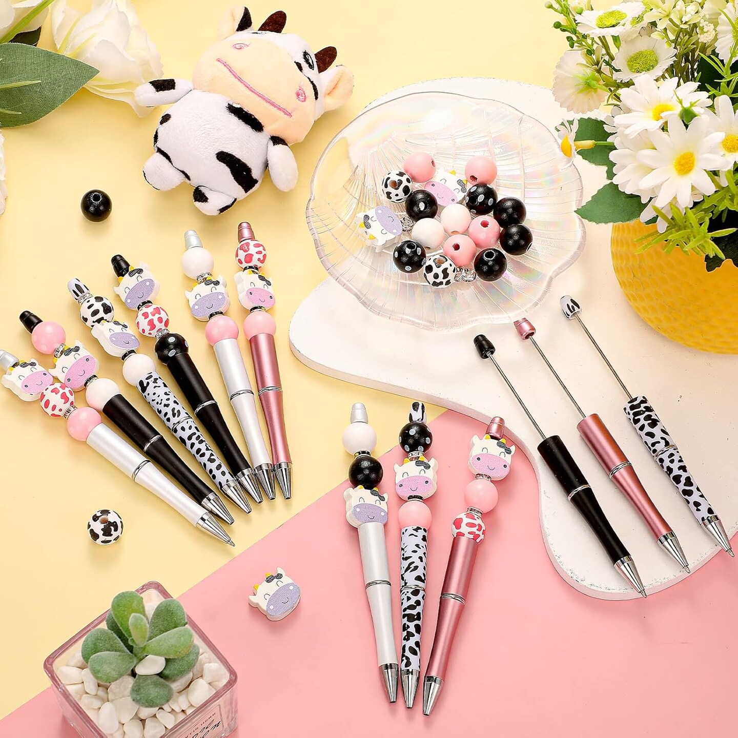 12-Piece Beadable Ballpoint Pen Set – Assorted Crystal & Wooden Round Spacer Pens with Black Ink, DIY Craft Pen Set, Cow Pattern, Perfect Gift for Adults, Office, or School Use