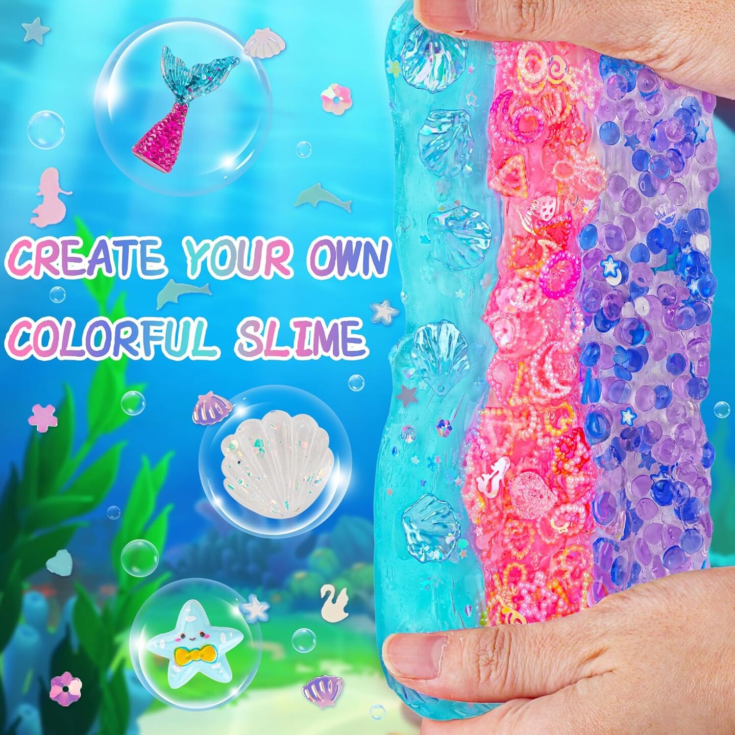 Ocean Slime Kit : Mermaid Bead, Pink Crunchy &#x26; Blue Clear Slime