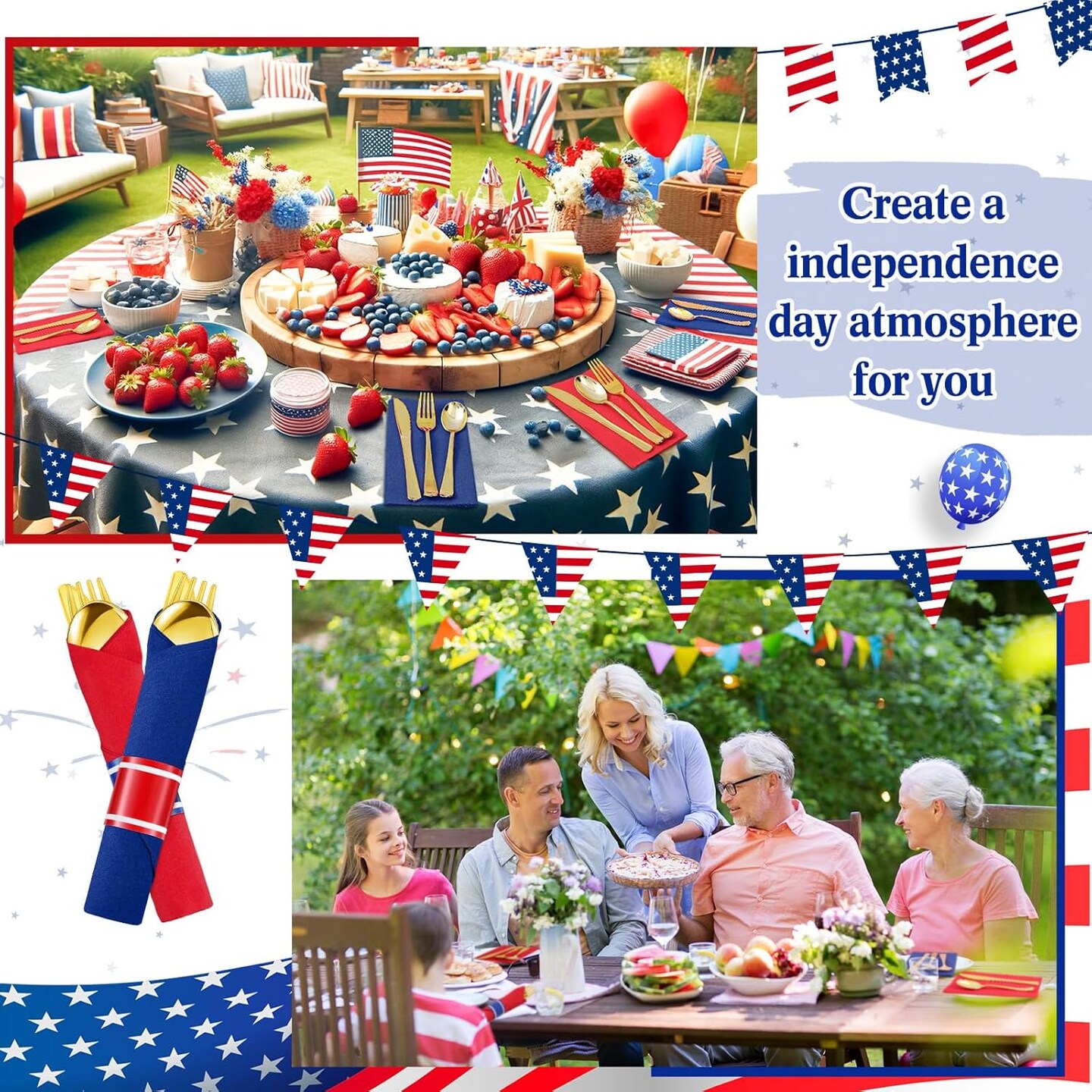 50 Pcs Pre-rolled July of 4th Plastic Silverware Set Gold Disposable Plastic Cutlery Set