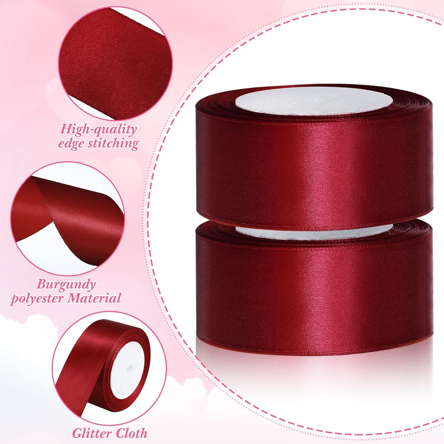 2 Rolls Burgundy Ribbon 50 Yards 1.5 Inches Wide Double Faced Polyester Solid Satin Ribbon