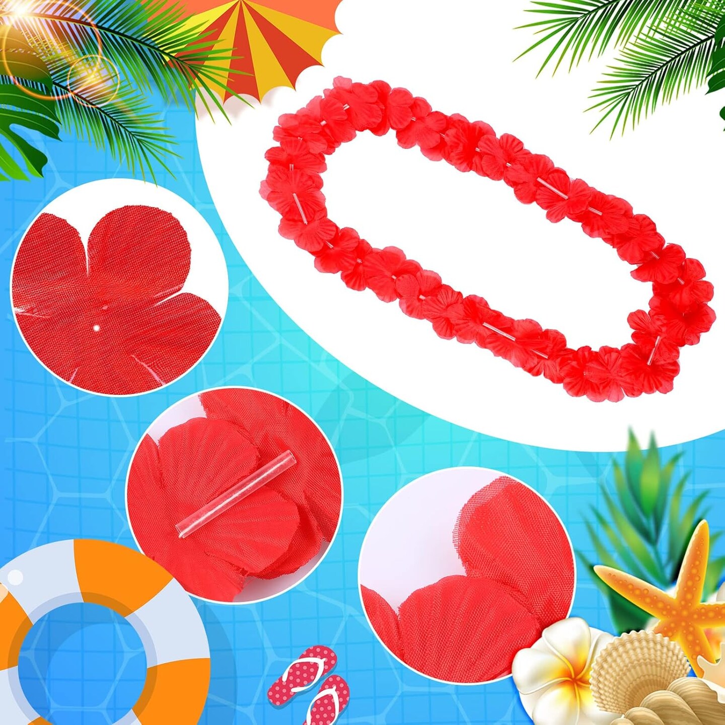 24 Counts Hawaiian Leis Necklace Tropical Flower Lei Floral Luau Party Decorations(Red)