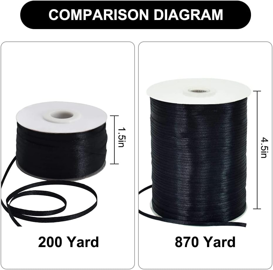 1/8 Inch x 200 Yards Black Thin Solid Satin Ribbon Giant Spool Double Face Woven Polyester Fabric Ribbons