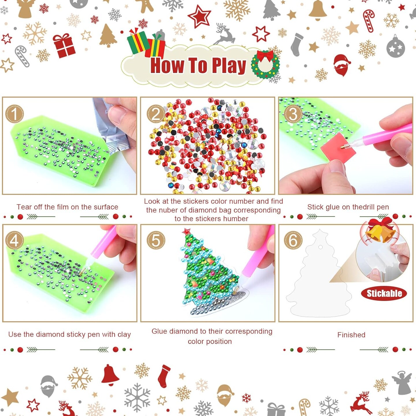 64 Pcs Christmas Diamond Art Painting Ornaments Kits