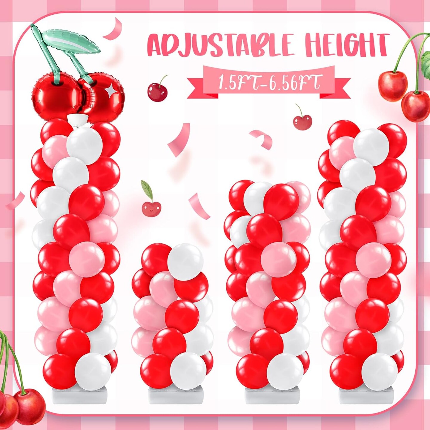 2 Set Cherry Balloon Column Stand Kit with Adjustable Balloon Arch (Cherry, Red)