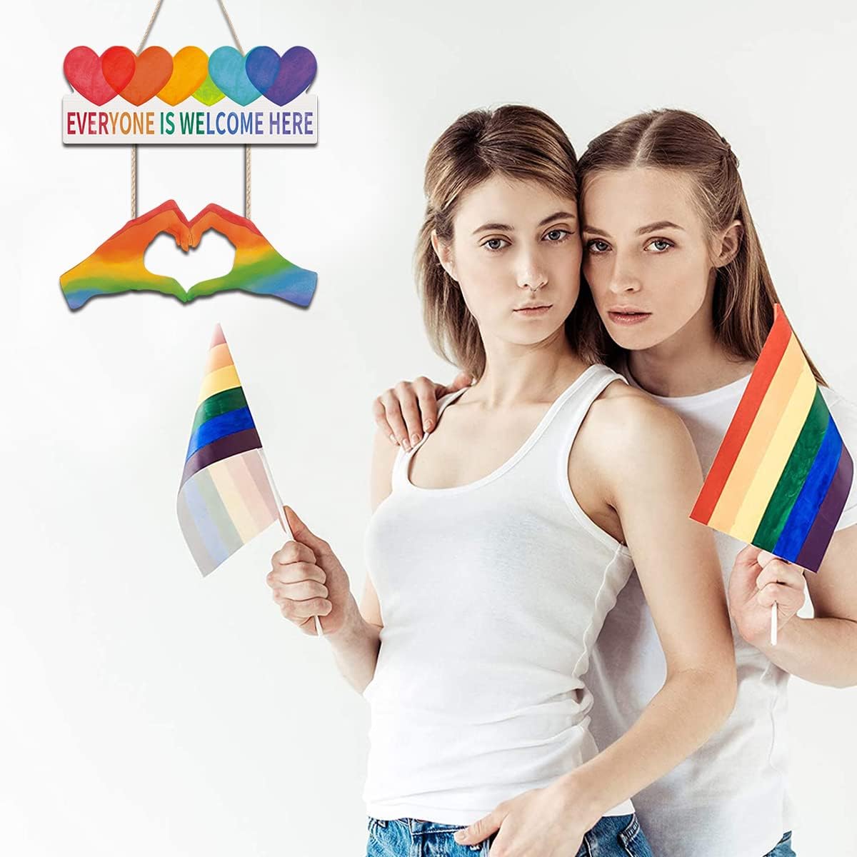 Gay Pride LGBT Front Door Sign, Wooden Everyone Is Welcome Here