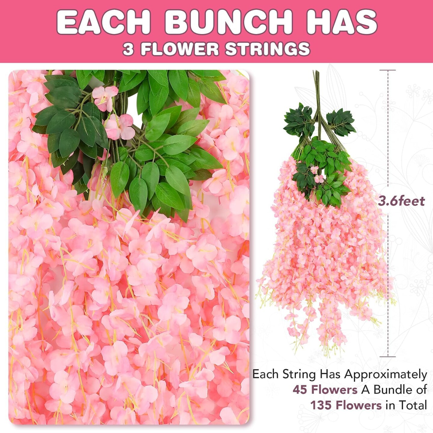 Fake Hanging Flowers, Wisteria Artificials Garland Decor 3.6 feet Long(12,Pink)