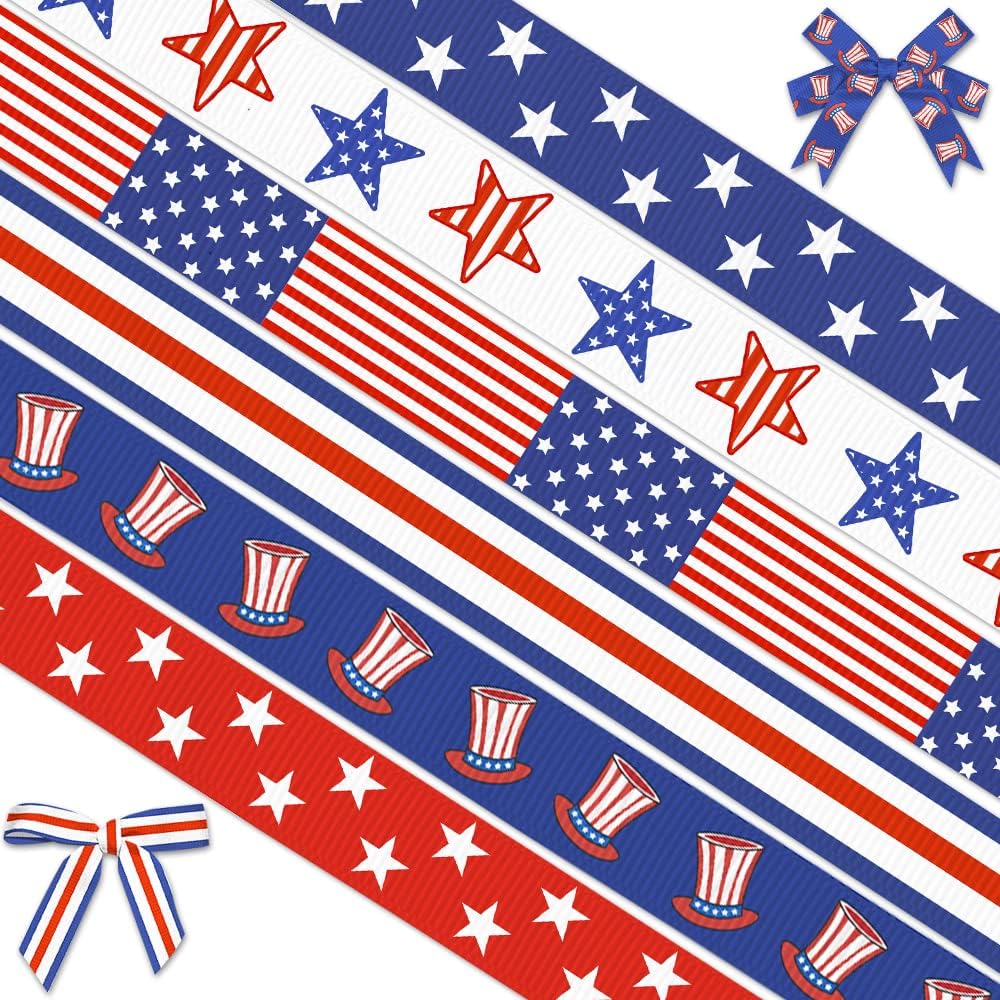 6 Rolls 30 Yards Patriotic 4th of July Red White Blue Stripe Ribbons