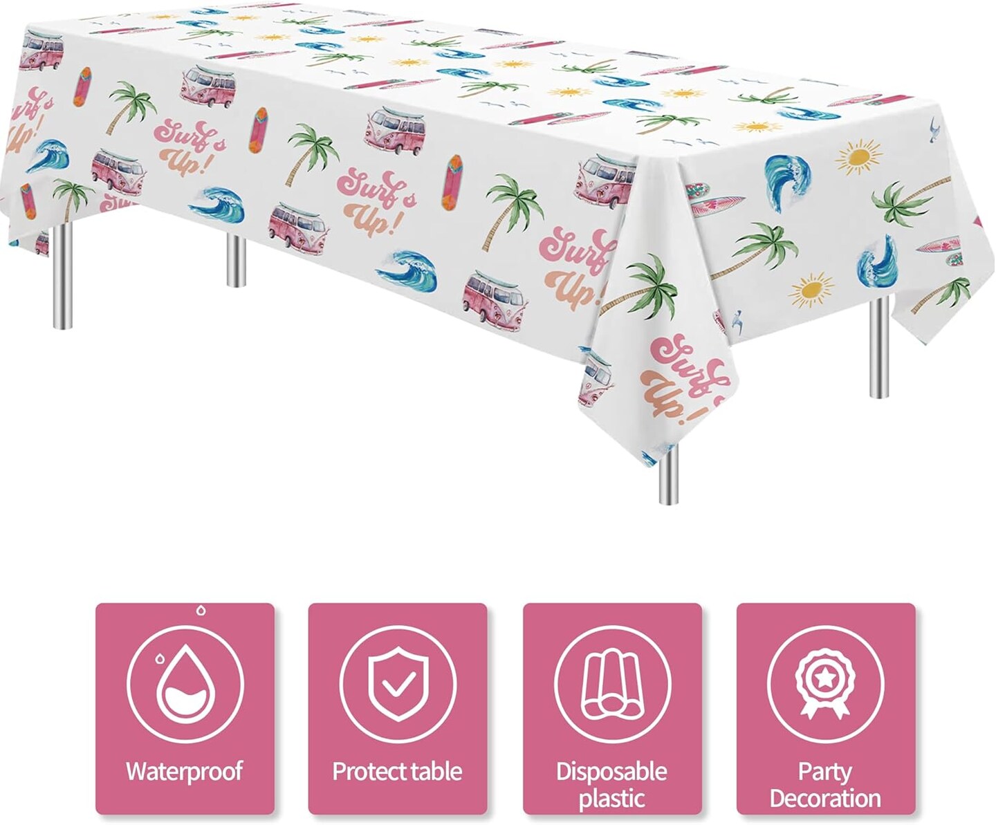 Surf&#x27;s Up Party Decorations Tablecloth Girls - Disposable Pink Surf Birthday Party Supplies Table Cover
