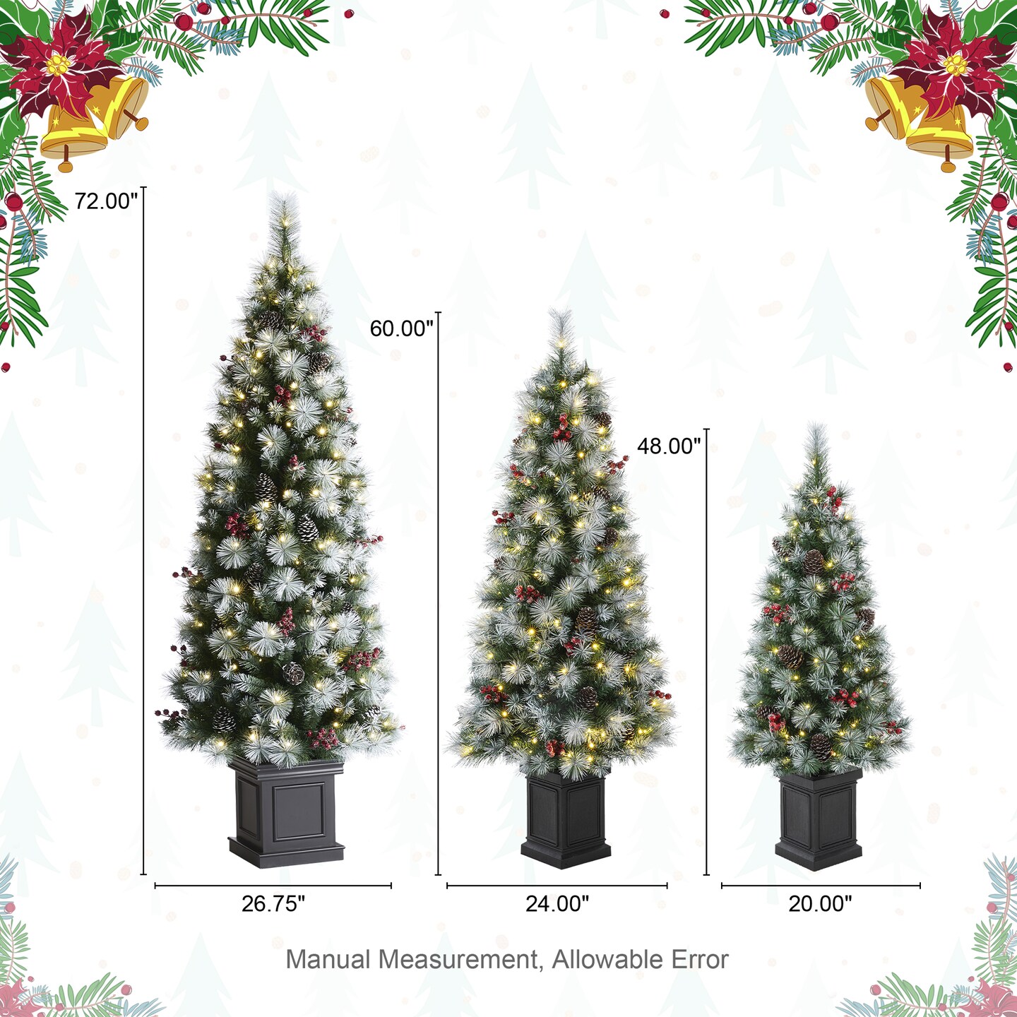 Set of 2/3 4ft/5ft/6ft Pre-Lit Pine Artificial Christmas Porch Tree with Decorative Urn Pot