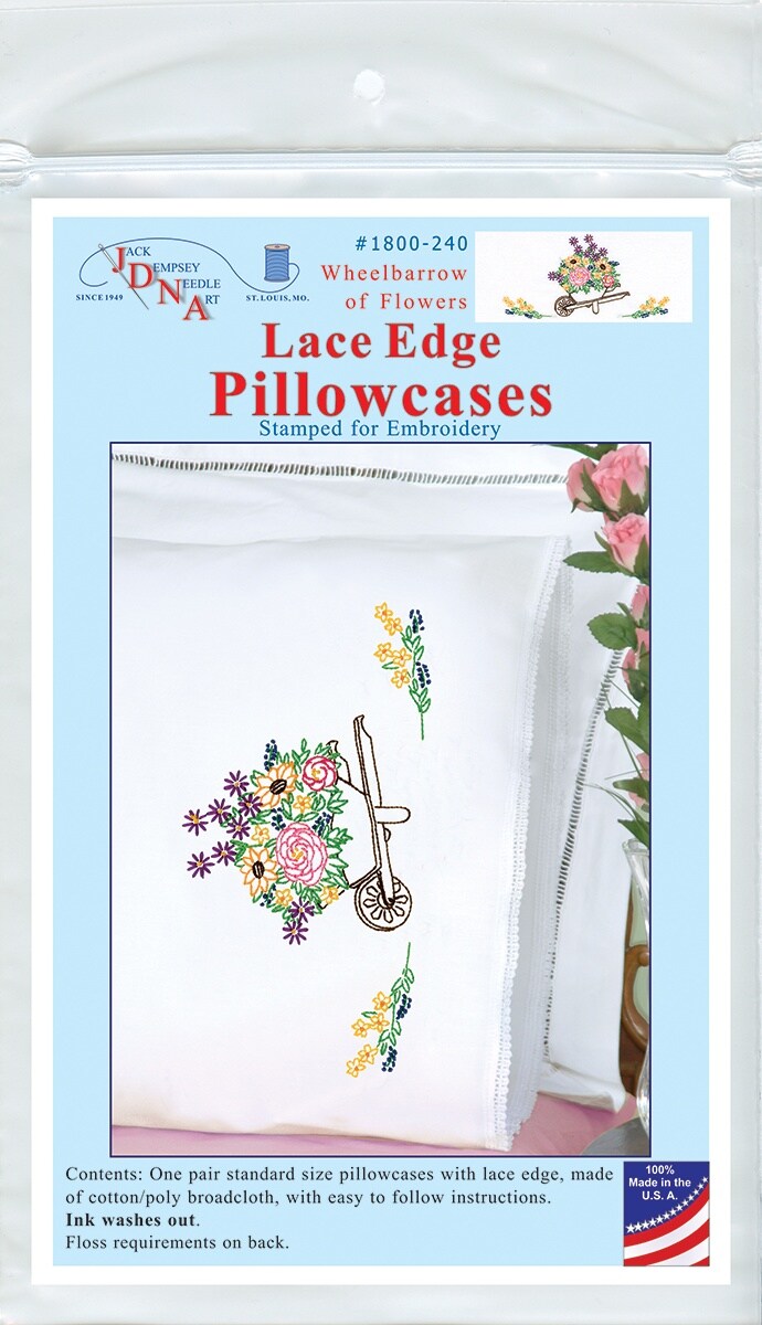 Jack Dempsey Stamped Pillowcases W/White Lace Edge 2/Pkg-Wheelbarrow Of Flowers