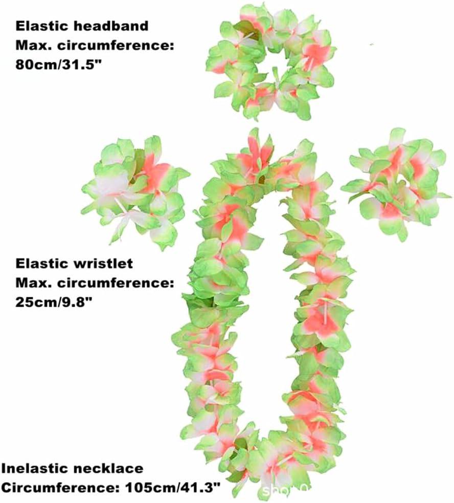 Hawaiian Leis Set,Thickened Artificial Flower Luau Necklace Bracelet Headband Garland Lei Set(Green)