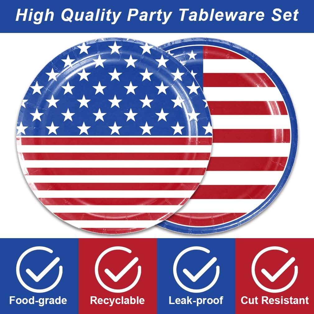 48Packs 4th of July Party Supplies include 24 plates, 24 napkins