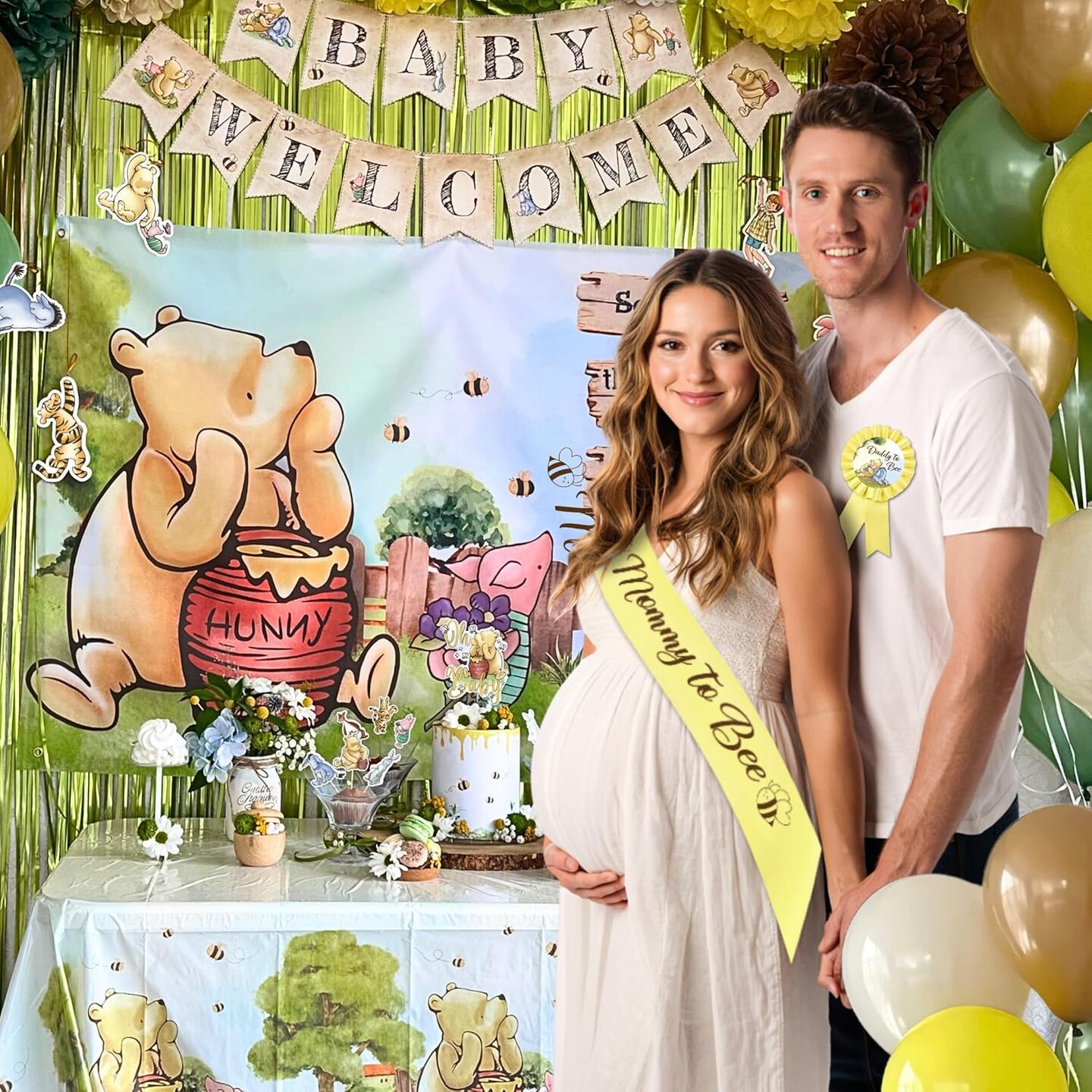 Winnie Baby Shower Decorations &#x2013; the Pooh Balloons, Backdrop, Welcome Baby Banner, Tablecloth, Cake Toppers, Pompoms, Sash &#x26; More &#x2013; Classic Pooh Baby Shower Theme