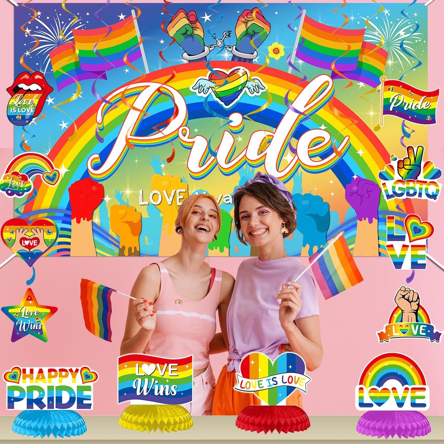 LGBTQ Pride Month Decorations Set with Banner, Backdrop, Hanging Swirls and Centerpieces
