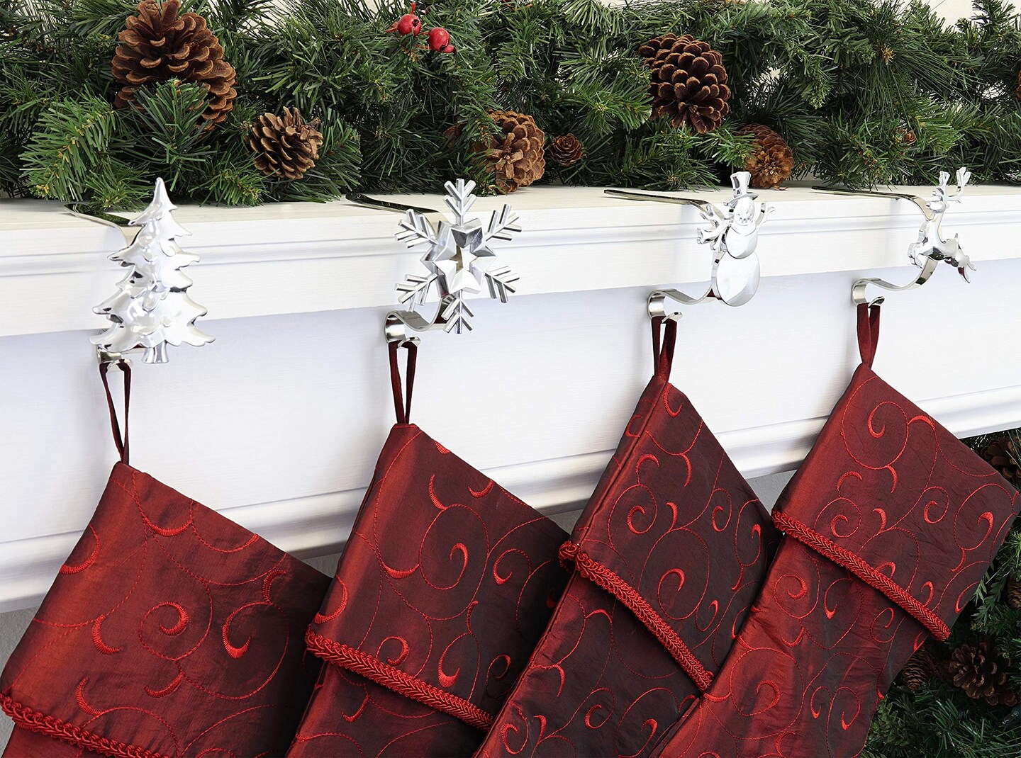 Haute Decor MantleClip Stocking Holders with Removable ZINC Alloy Holiday Icons (4-Pack Assorted Icons)