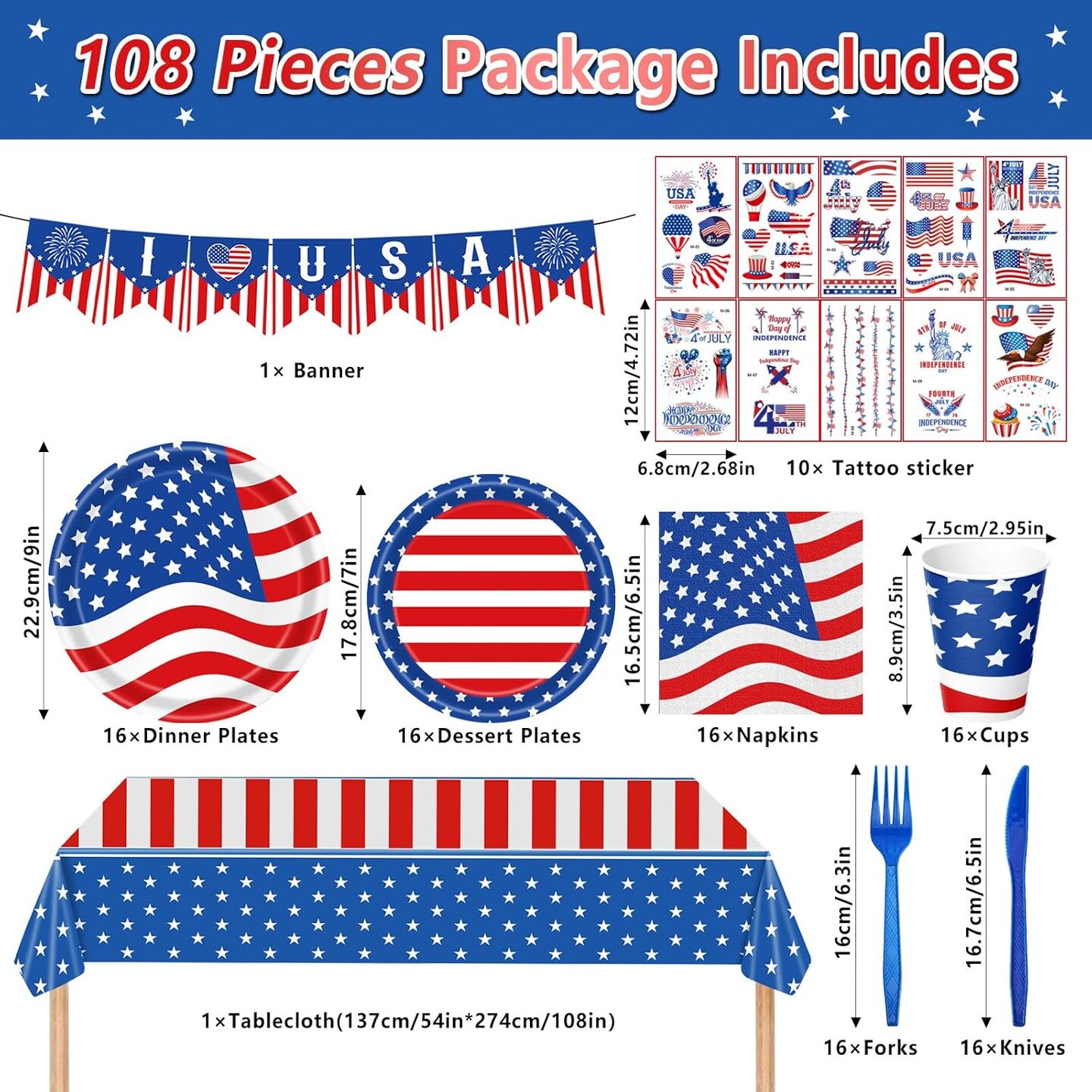 98PCS 4th of July Party Supplies – Plates, Napkins & Tablecloth for 16 Guests