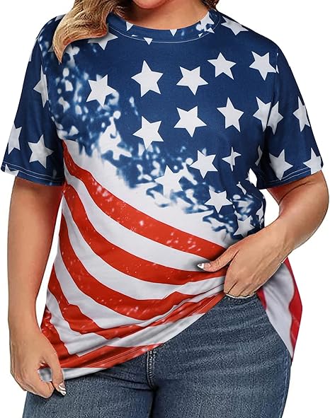 Plus Size American Flag Shirt Women 4th of July Tee Shirt USA Stars Stripes T-Shirt
