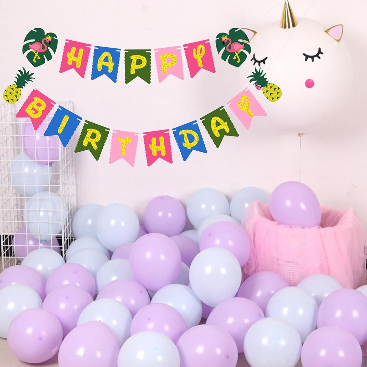 Tropical Happy Birthday Banner Hawaiian Birthday Party Decoration