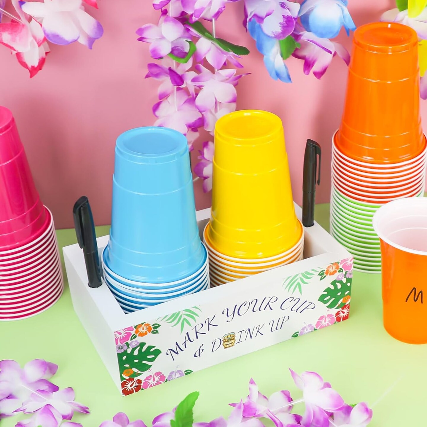 Hawaiian Luau Double Cup Holder with Marker Slot and Marker Pen, Tiki Party Supplies Decorations