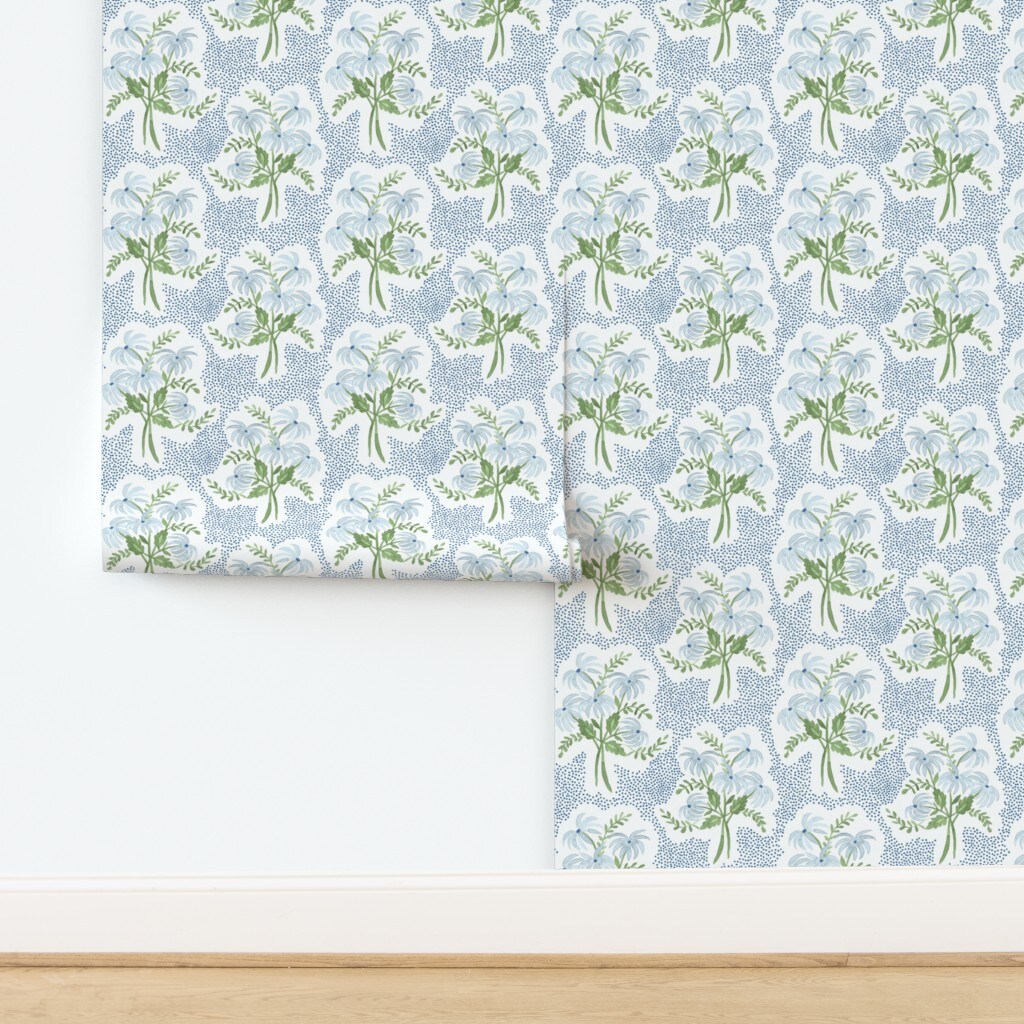 Pastel Wildflower Polka Dots Pearl Blue And White Cottagecore Grandmillenial Custom Removable Wallpaper by Spoonflower Peel & Stick Wallpaper 2FT Wide